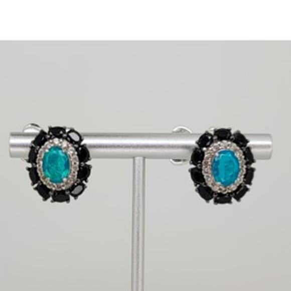 Genuine Untreated Paraiba Blue Opal Black Spinel White Zircon Earrings - Picture 7 of 16